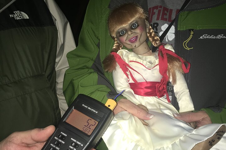 The mel-meter can be seen reacting to spirits intrigued by our custom made Annabelle ghost hunting doll.